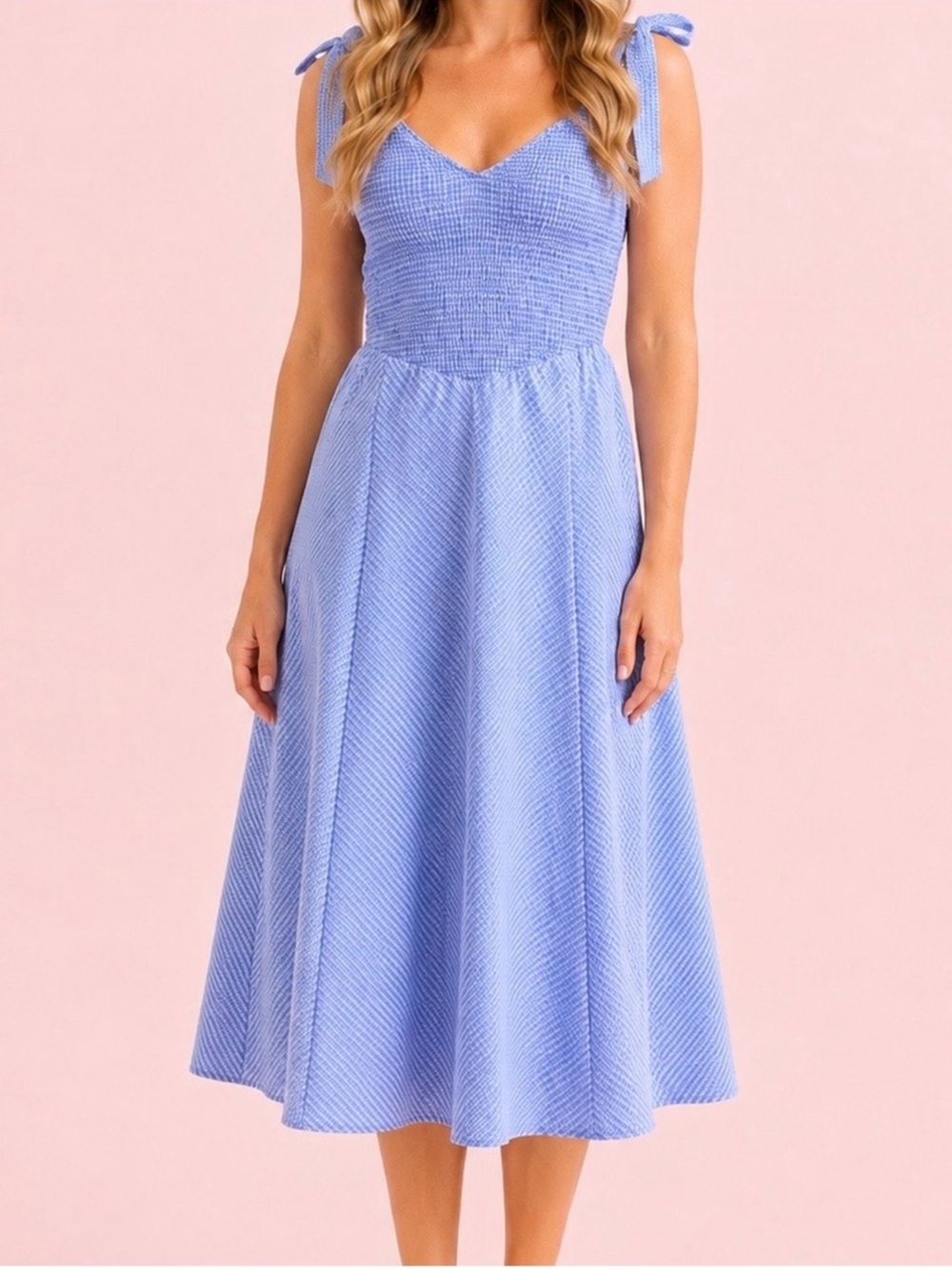 Altar'd State Blue Cowgirl Smocked Striped Tie Strap Midi Dress Size XS NWT - Picture 4 of 9